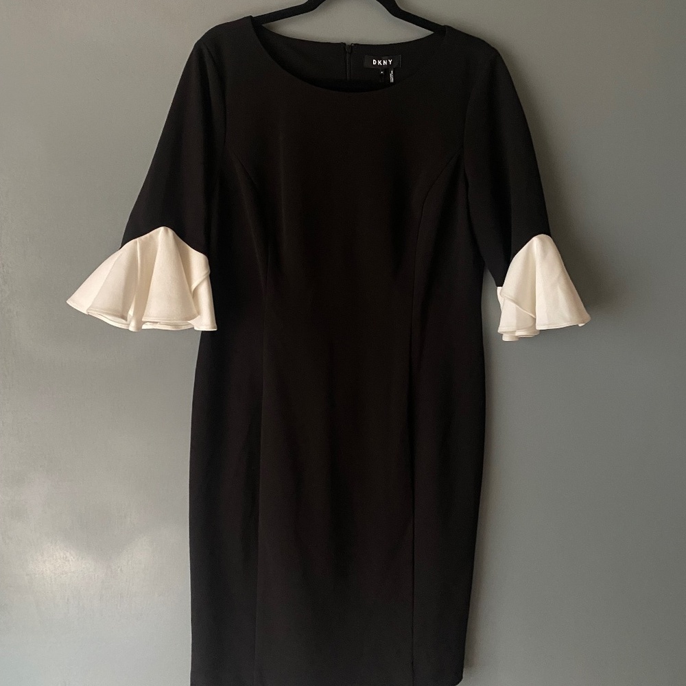 NWT DKNY little black dress with white ruffle sleeves demure classic size 12